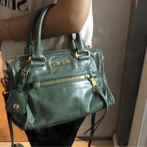 (SOLD) Authentic Miu Miu Green Vitello Shine Satchel in Dark Green